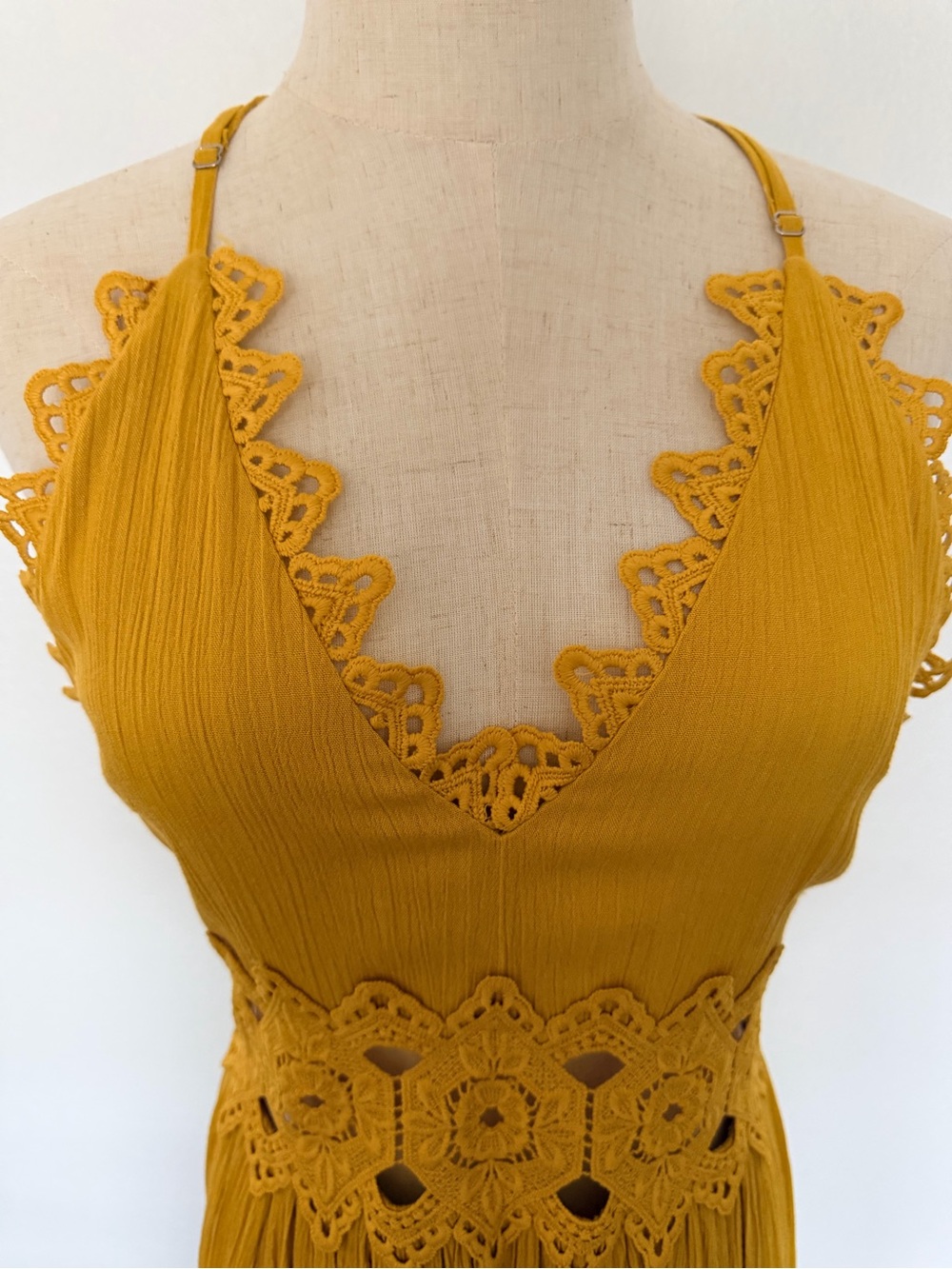 Lulu's Mustard Yellow Crochet Waist Maxi Dress - Picture 4 of 5
